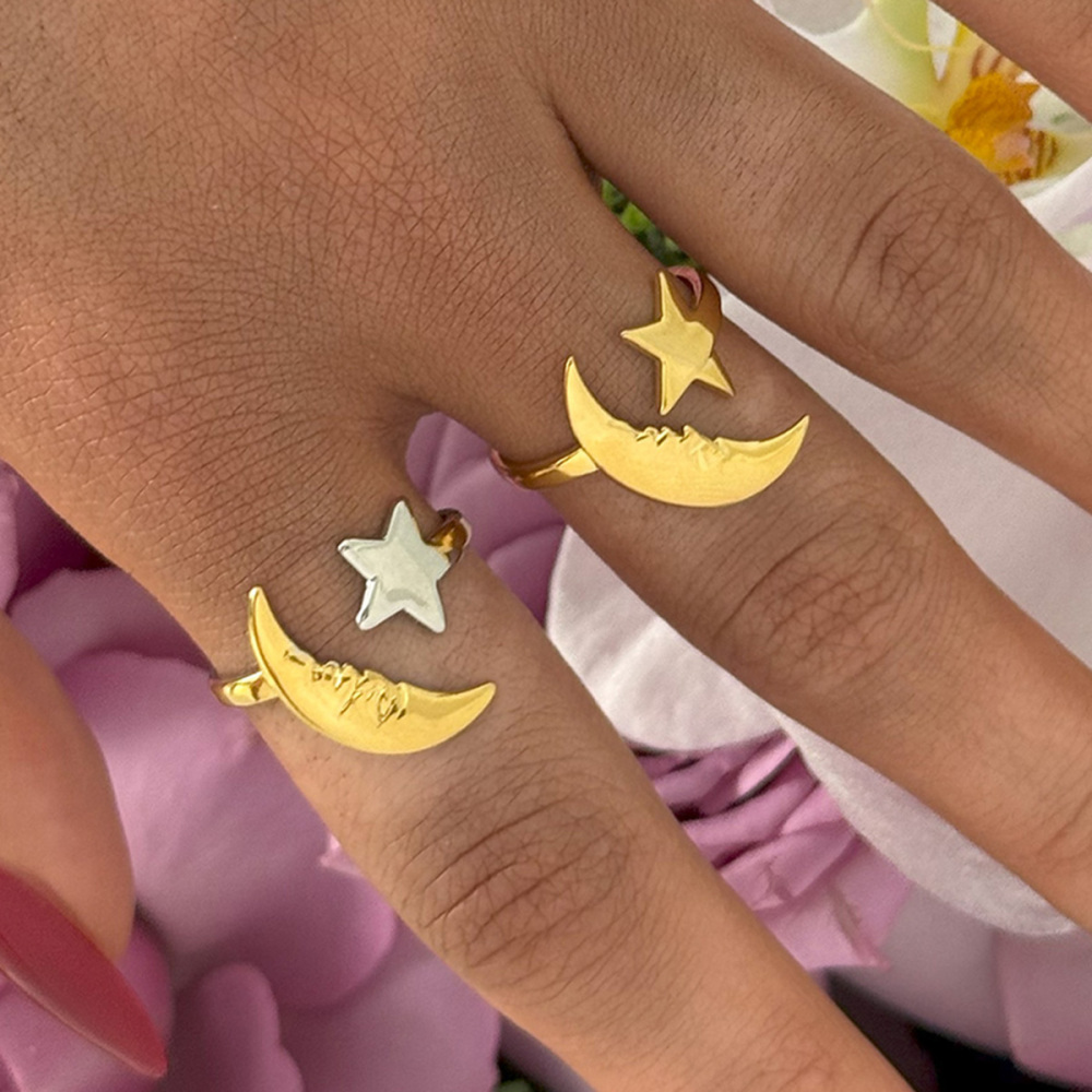Bague Tendance Simple Et Décontractée En Acier Inoxydable Couleur Or, Avec Motif Lune. Image3