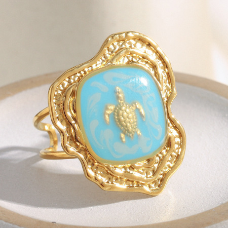 Bague tendance en acier inoxydable imperméable, collection romantique « Tortue de vacances » (1 pièce)