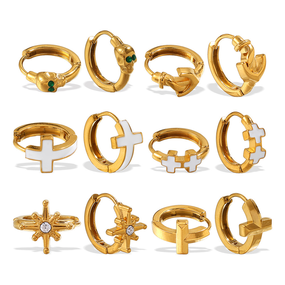 1 Paire De Boucles D'Oreilles Créoles En Acier Inoxydable Doré, Étanches, En Forme De Croix Image6