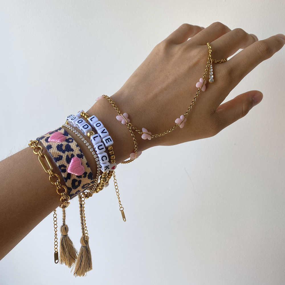 Bracelet Classique À Lettres En Acier Inoxydable Étanche Pour Femme, Orné De Perles (1 Pièce). Image4