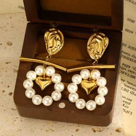 Boucles d'oreilles romantiques rétro en forme de cœur, en acier inoxydable étanche, couleur or, avec perles (1 paire). 2