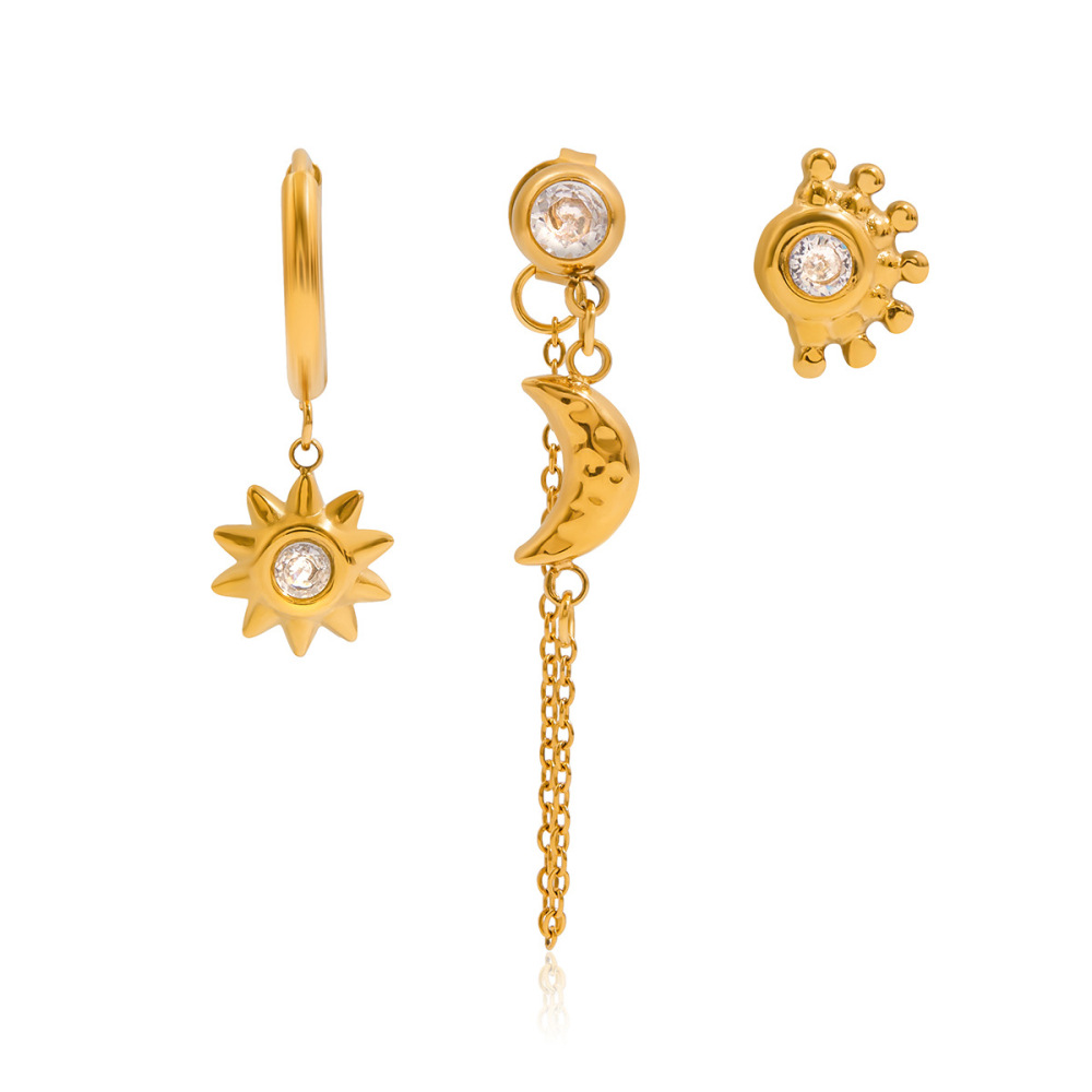 1 Paire De Boucles D'Oreilles Élégantes Soleil Et Lune En Acier Inoxydable Étanche Couleur Or De La Série Classique 