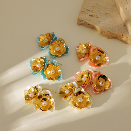 1 paire de boucles d'oreilles pendantes en acier inoxydable couleur or, motif fleur rétro, série romantique