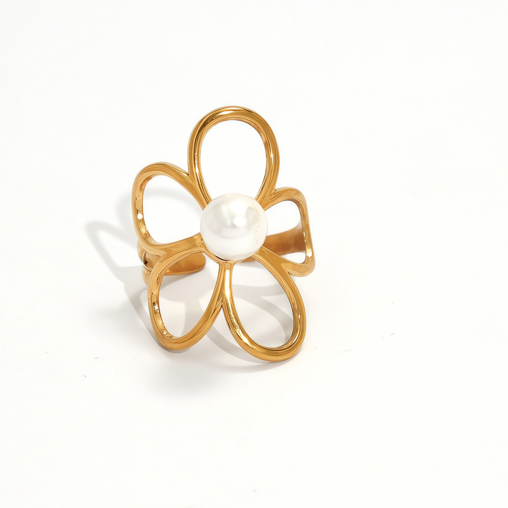 Bague Tendance Simple Et Élégante En Acier Inoxydable Doré, Couleur Or, Avec Motif Floral. 