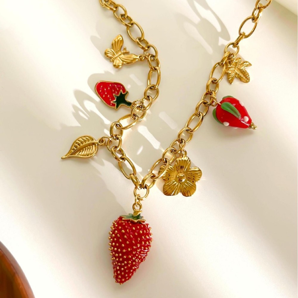 Collier Pendentif Fraise En Acier Inoxydable Étanche Couleur Or (1 Pièce) h5Image4