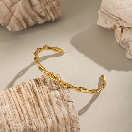 Bracelet jonc femme Simple Series Casual Twist en acier inoxydable étanche couleur or (1 pièce)