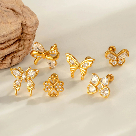 Boucle d'oreille piercing papillon en cuivre doré et zircon