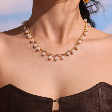 Ensemble de colliers pour femmes en acier inoxydable doré, perles classiques et acier inoxydable, imperméables, 1 pièce 2