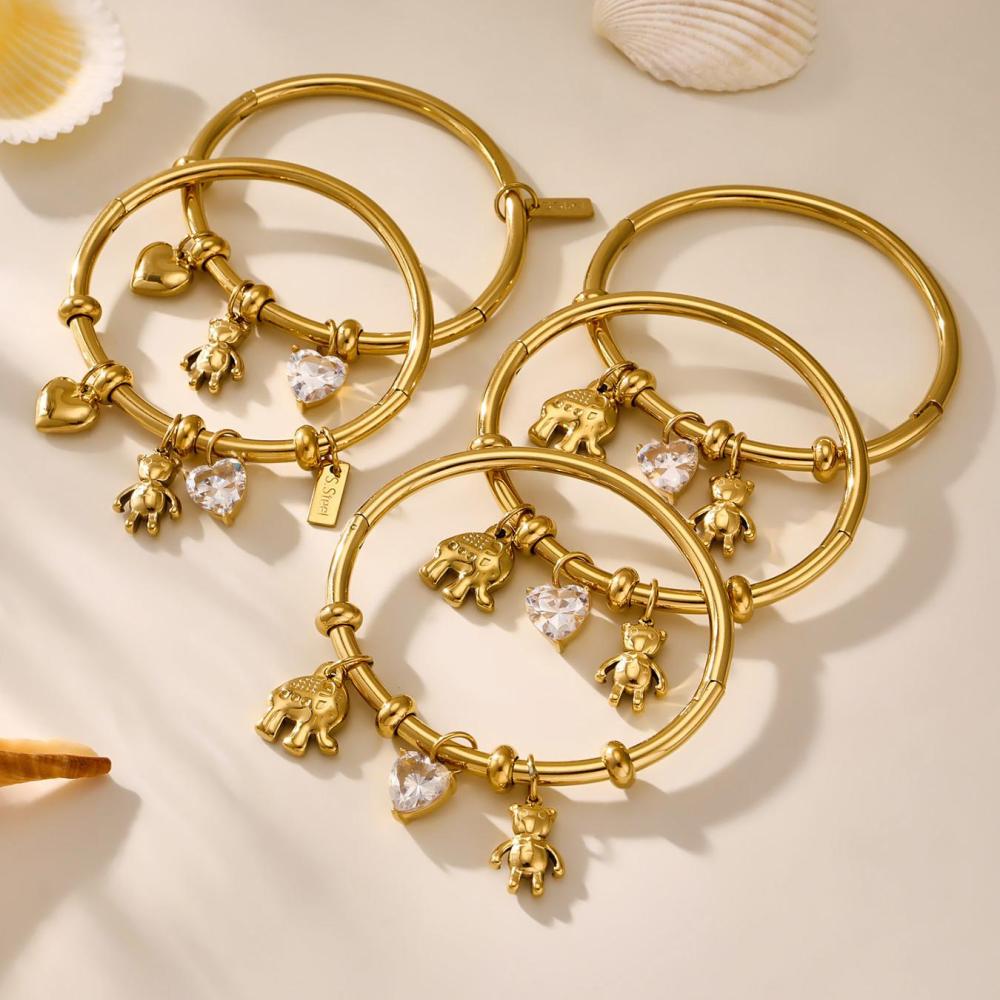 Bracelet À Breloques Pour Femme, Motif Ours Mignon, En Acier Inoxydable Étanche, Couleur Or (1 Pièce). Image8