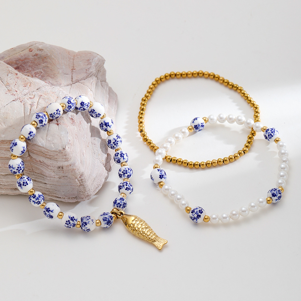 Bracelet De Perles Pour Femme, Série Classique, Élégant, En Céramique, Couleur Or, Motif Floral Image3