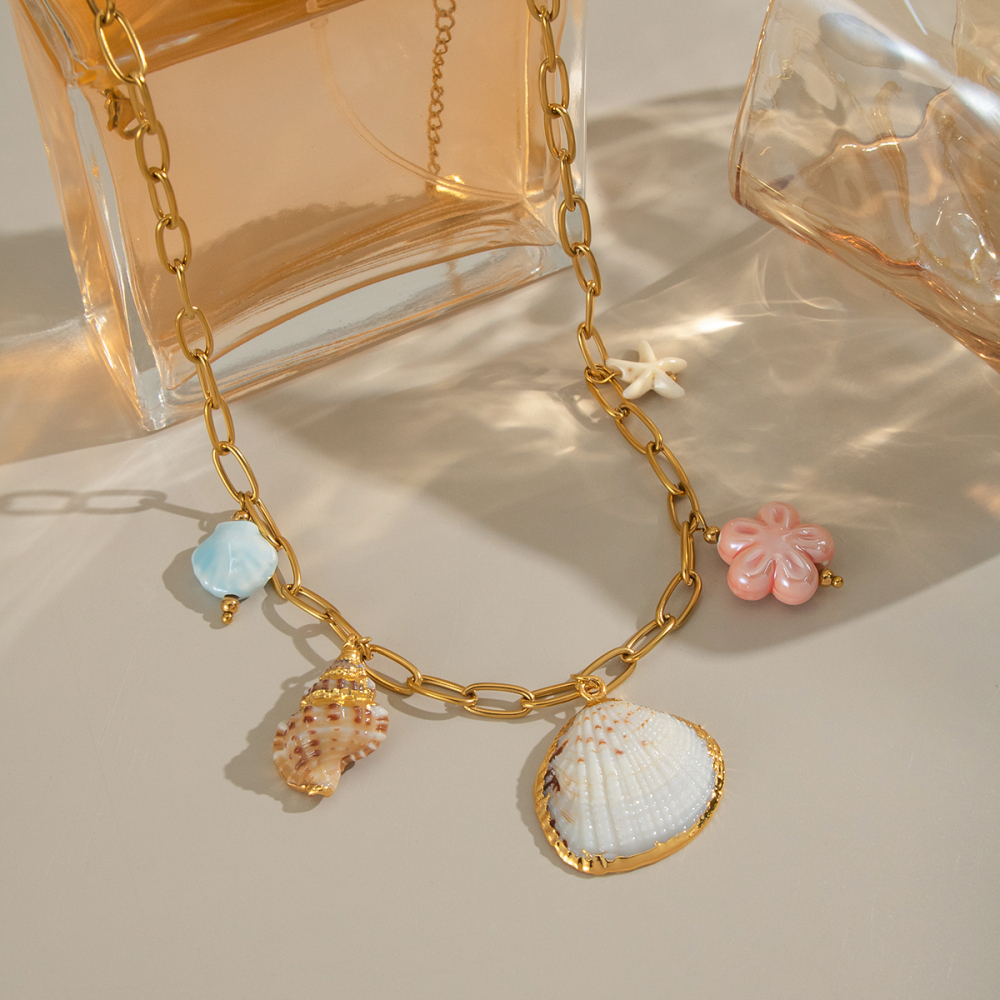 Collier Pendentif Romantique En Acier Inoxydable Doré, Couleur Coquillage, 1 Pièce Image3