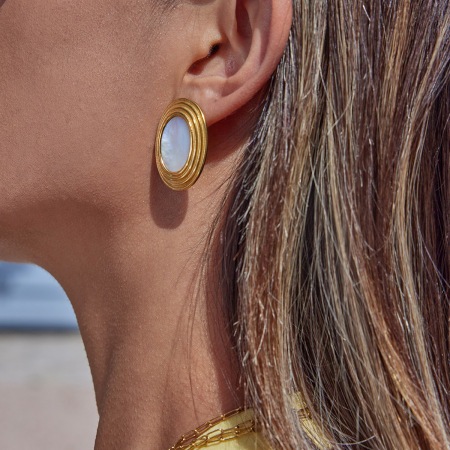 1 paire de boucles d'oreilles puces ovales rétro classiques en acier inoxydable étanche couleur or pour femmes 2