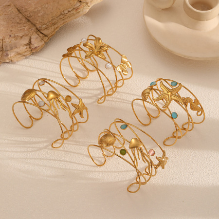 Bracelet manchette étanche en acier inoxydable couleur or, style océanique, 1 pièce 2
