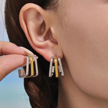 1 paire de boucles d'oreilles créoles minimalistes rectangulaires en acier inoxydable étanche couleur or pour femme 2