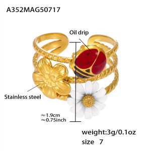 Bague Imposante En Acier Inoxydable Doré, Ornée D'Un Zircon Et Ornée D'Un Insecte Aux Couleurs Vives (1 Pièce). h5 