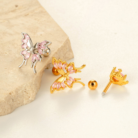 Boucles d'oreilles délicates en forme de papillon, couleur cuivre et or, zircons 2