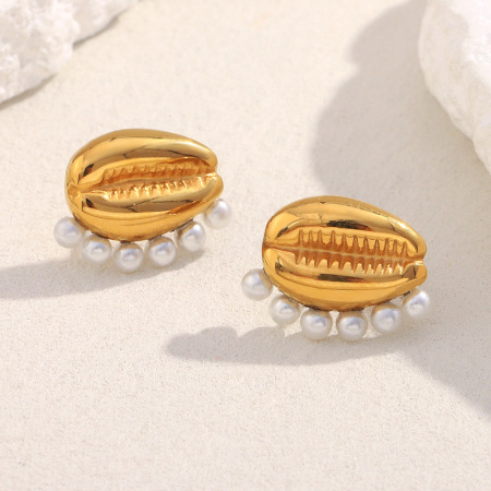 1 paire de boucles d'oreilles à clous en acier inoxydable doré, étanches, en forme de coquillage