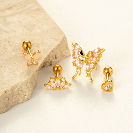 Boucles d'oreilles délicates en forme de papillon, couleur cuivre et or, zircons