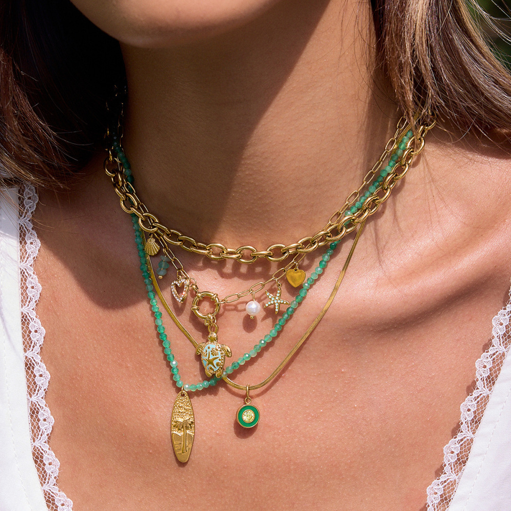 Collier Pendentif Femme En Acier Inoxydable, Couleur Or, Avec Tortue Verte Naturelle (1 Pièce) Image4