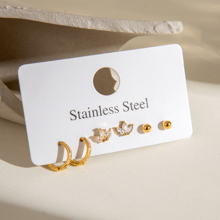 Ensemble de boucles d'oreilles pour femme, 1 paire, collection simple et élégante, en acier inoxydable plaqué or avec zircon et formes géométriques douces. 2