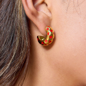 1 Paire De Boucles D'Oreilles Créoles Pour Femme, En Acier Inoxydable Doré, Imperméables, Avec Motif Cœur Rouge. h5 Image2