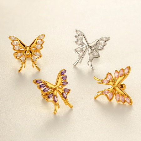 Boucle d'oreille piercing papillon en cuivre doré et zircon