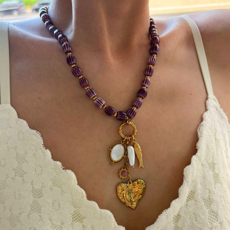 Collier rétro en acier inoxydable doré avec perles et cœur (1 pièce)