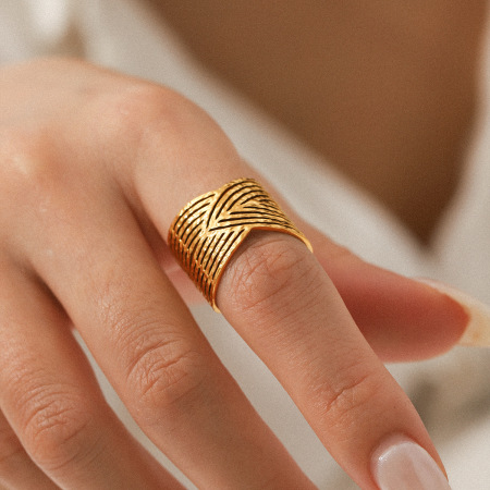 Bague tendance en acier inoxydable doré, étanche, collection Simple Series Daily Plant (1 pièce). 2
