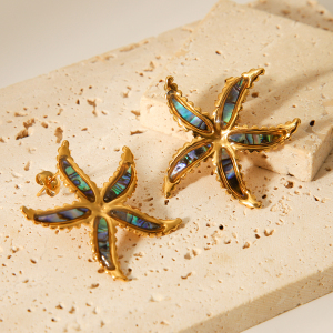 1 Paire De Boucles D'Oreilles Puces Pour Femme, Motif Étoile De Mer, En Acier Inoxydable Étanche, Couleur Or. h5 Image8