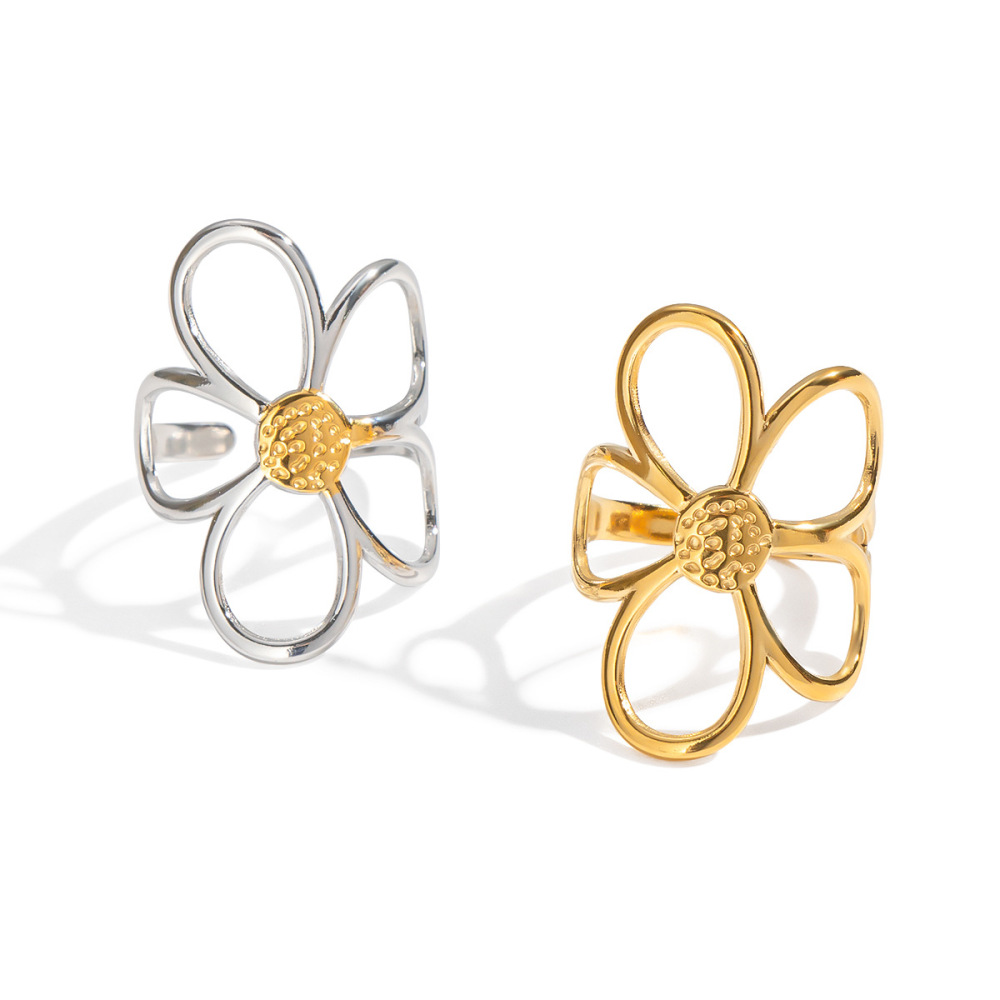 Bague Simple En Acier Inoxydable Couleur Or Avec Fleur Image4