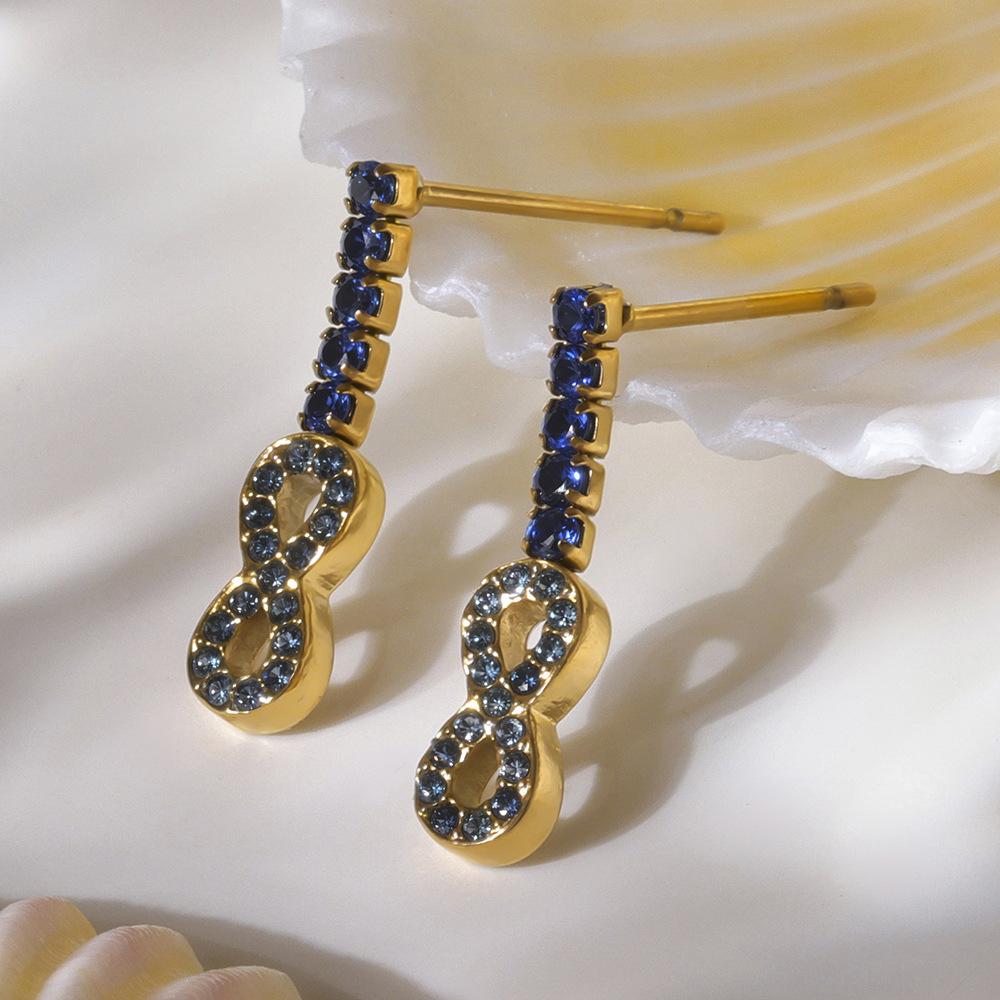 1 Paire De Boucles D'Oreilles Puces Luxueuses En Forme D'Infini, En Acier Inoxydable Étanche, Couleur Or, Avec Zircon. h5Image5
