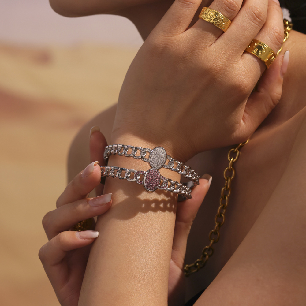 Bracelet Jonc Ovale De Luxe Pour Femme, En Acier Inoxydable, Couleur Or, Étanche (1 Pièce) Image3