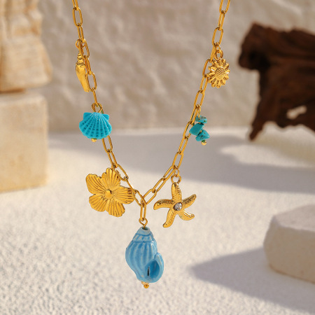 Collier pendentif en acier inoxydable doré, étanche, en forme de coquillage 2