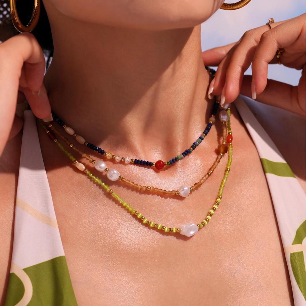 Collier Élégant En Perles Naturelles Et Pierres Dorées Pour Femme, 1 Pièce Image7