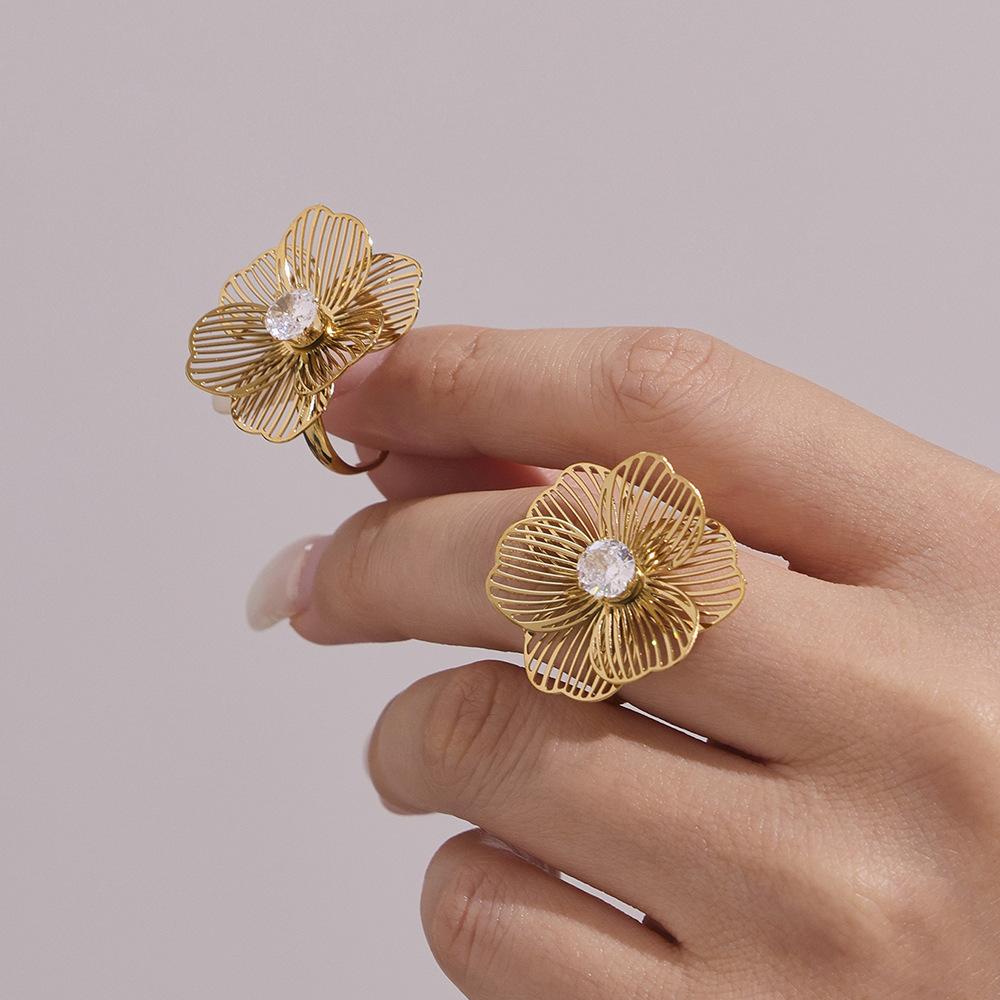 Ensemble De Bijoux Pour Femme En Acier Inoxydable Doré, Orné D'Un Zircon Et D'Une Fleur Classique (1 Pièce). h5Image4