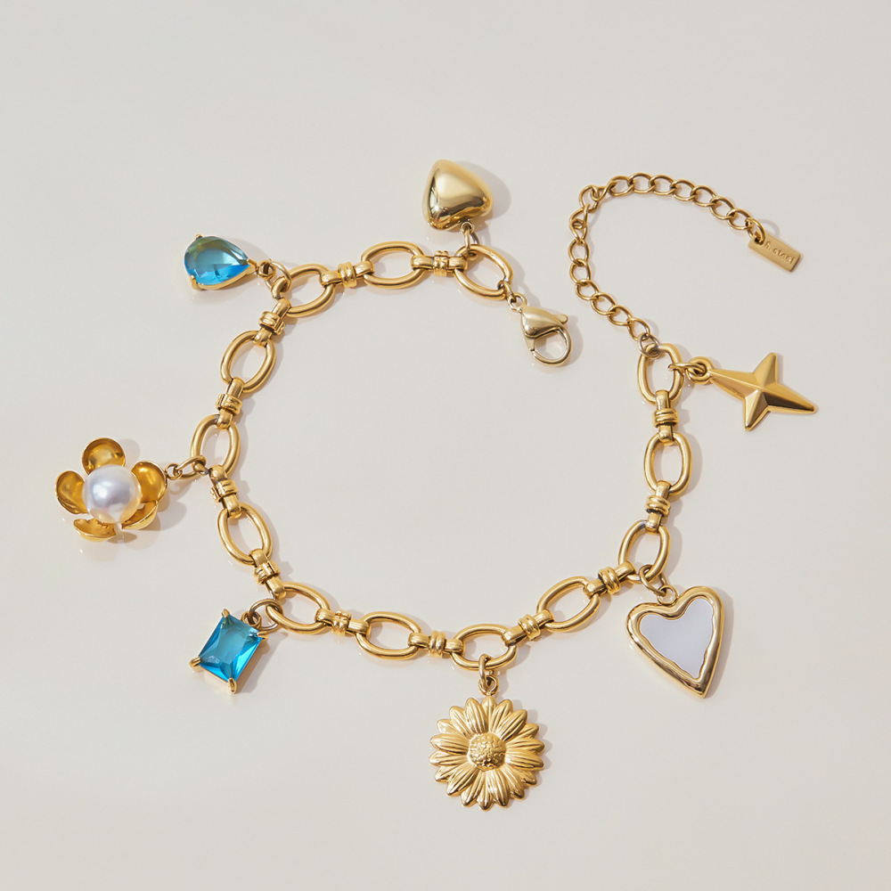 Bracelet À Breloques Rétro Rectangulaire En Acier Inoxydable, Étanche, Couleur Or, Pour Femme (1 Pièce) Image8