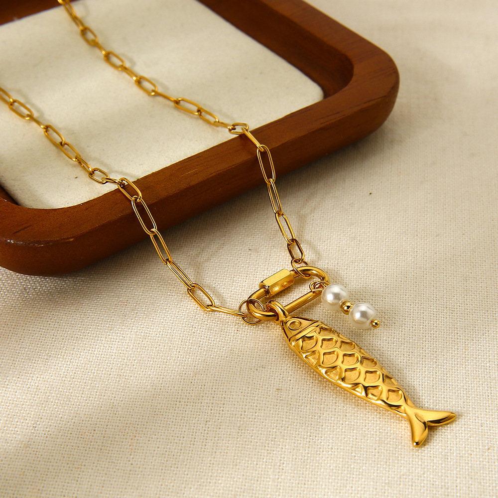 Collier Pendentif Tortue/Poisson En Acier Inoxydable Étanche Couleur Or (1 Pièce) Image2