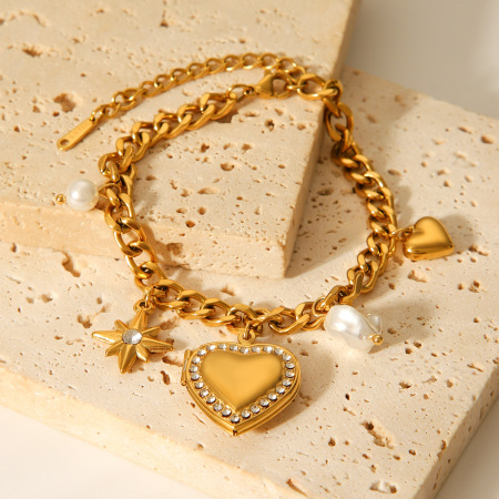 Bracelet à breloques Daily Heart pour femme, en acier inoxydable étanche, couleur or, avec zircon (1 pièce). 2