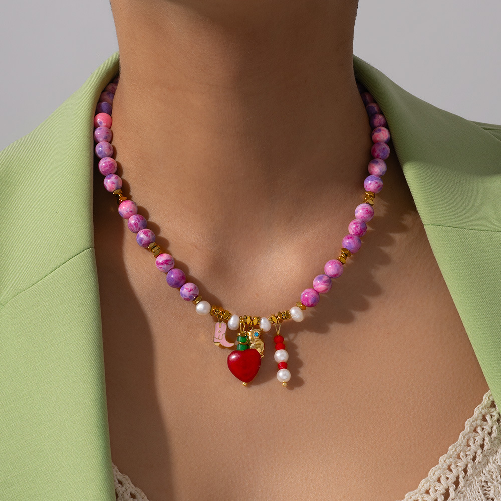 Collier De Perles Pour Femme, 1 Pièce, Cœur De Couleur Vive, Pierres Naturelles, Couleur Or Image5