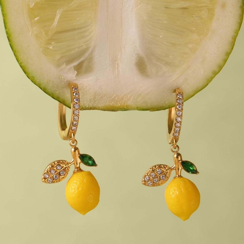 Boucles D'Oreilles Pendantes Pour Femme, En Acier Inoxydable Doré, Motif Citron Naturel (1 Paire). Image6