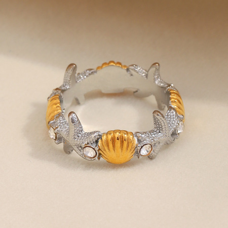 Bague tendance en acier inoxydable doré, ornée d'étoiles de mer et de coquillages (1 pièce)