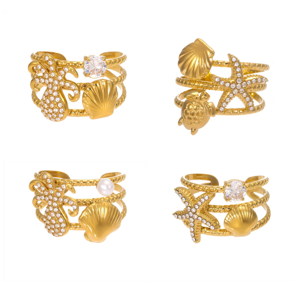 Bague Tendance En Acier Inoxydable Doré, Ornée D'Un Motif D'Organisme Marin Brillant (1 Pièce). h5Image7