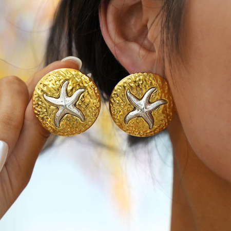 1 paire de bijoux simples et décontractés en acier inoxydable couleur or pour femme, motif étoile de mer