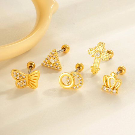 Boucle d'oreille piercing papillon en cuivre doré et zircon