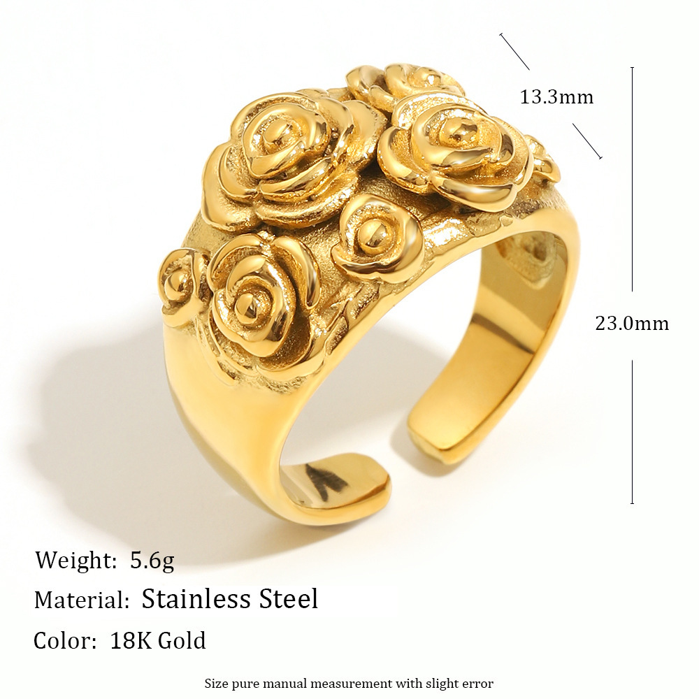 Bague Romantique En Acier Inoxydable Doré, Imperméable, Avec Motif Floral (1 Pièce) Image6
