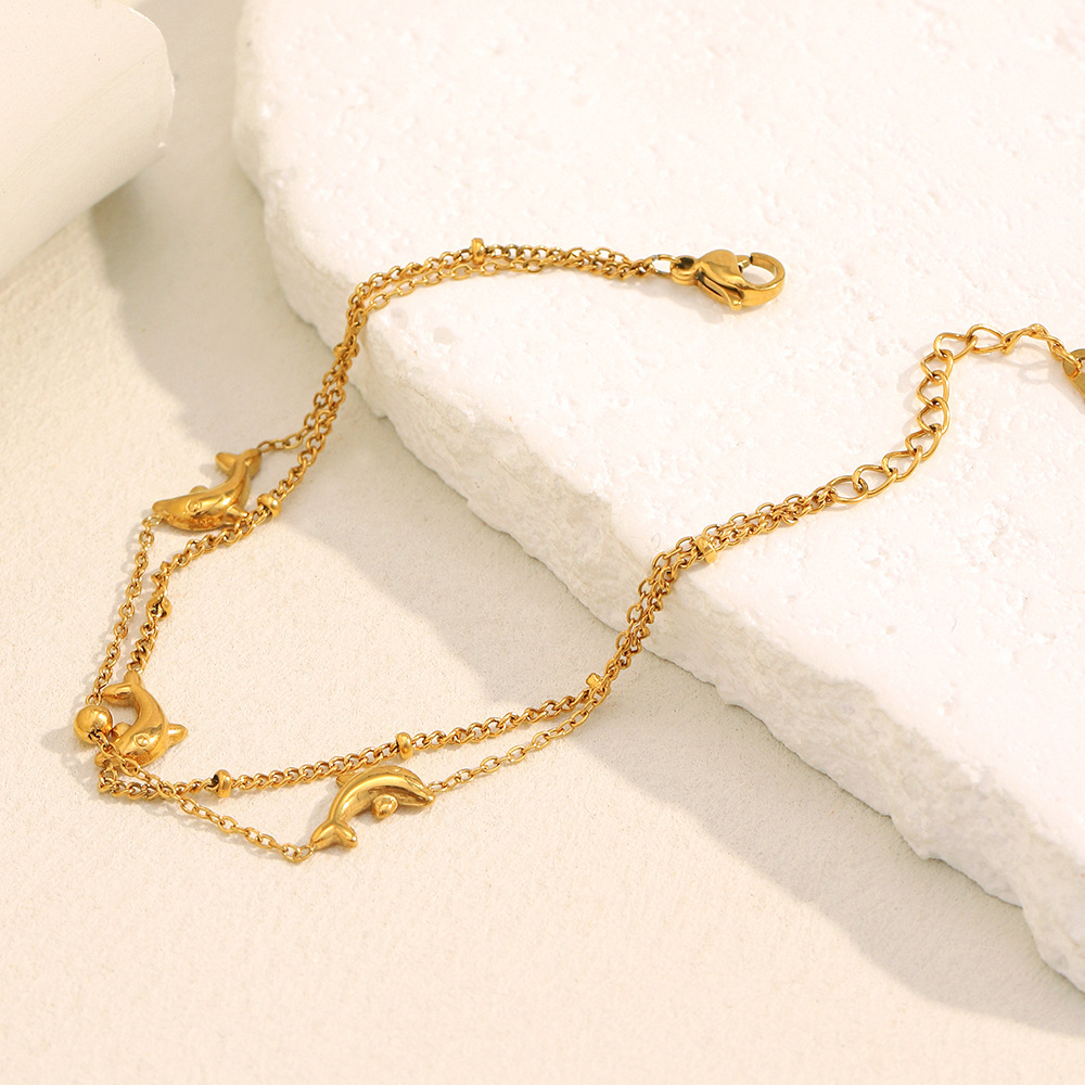 Bracelet À Breloques Pour Femme, En Acier Inoxydable, Couleur Or, Avec Dauphin Naturel (1 Pièce). Image2