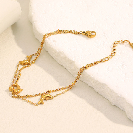 Bracelet à breloques pour femme, en acier inoxydable, couleur or, avec dauphin naturel (1 pièce). 2