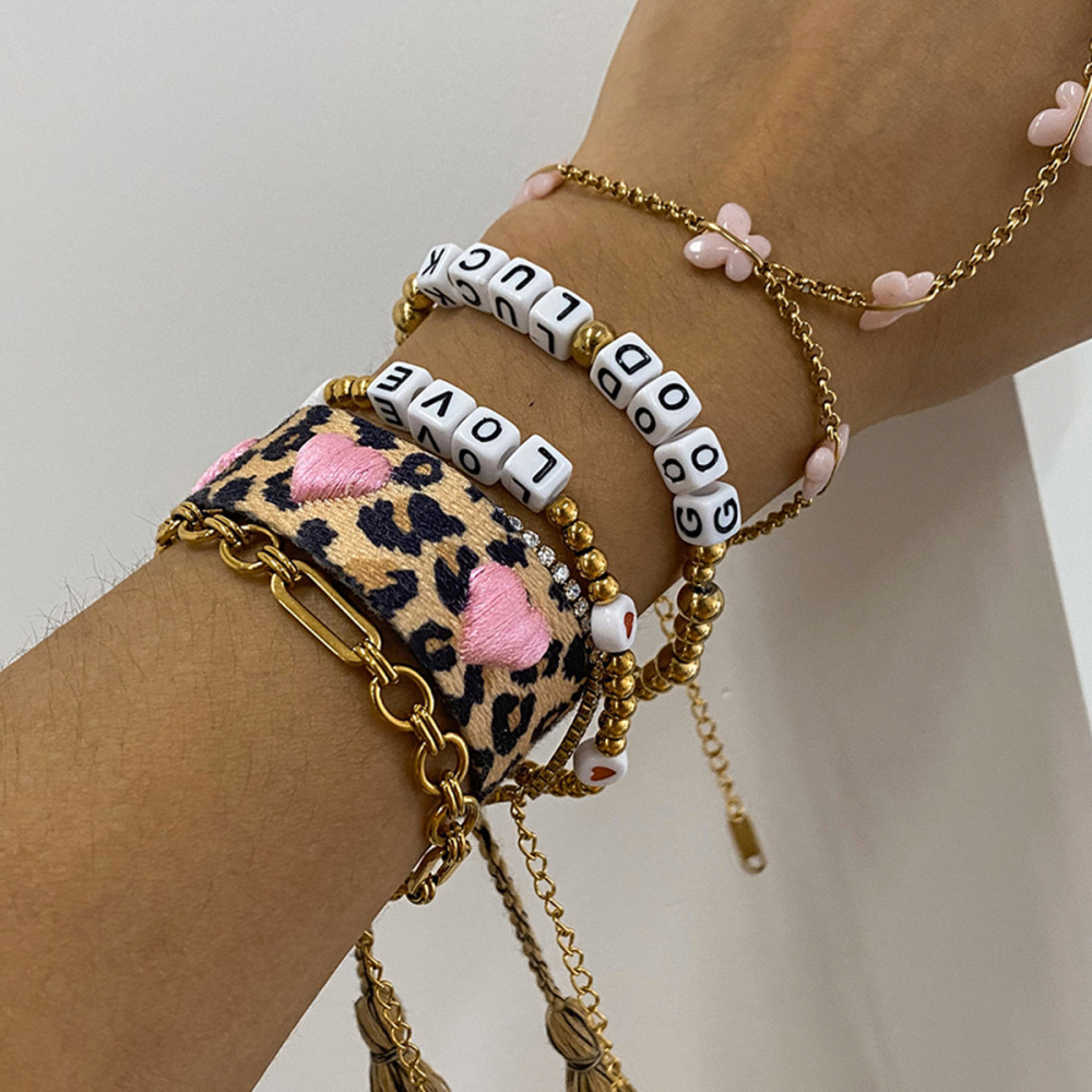 Bracelet Classique À Lettres En Acier Inoxydable Étanche Pour Femme, Orné De Perles (1 Pièce). Image5