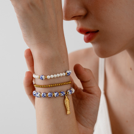 Bracelet de perles pour femme, série classique, élégant, en céramique, couleur or, motif floral