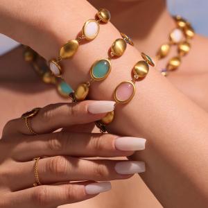 Ensemble De Colliers Pour Femmes, 1 Pièce, Forme Ovale Élégante, Opale, Acier Inoxydable, Étanche, Couleur Or h5 Image4